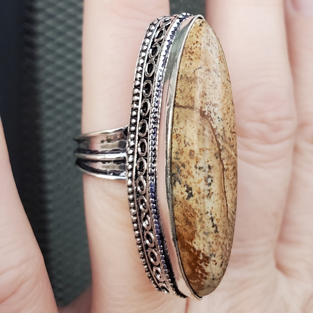 New Picture Jasper 925 Silver Statement Ring.
